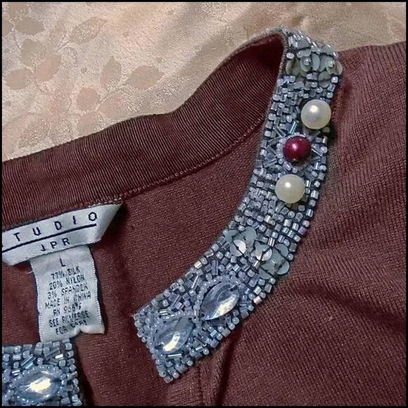 50s Style Beaded Cardigan with Jeweled Neck, VFG 90s Large Size Rockabilly - Picture 3 of 12